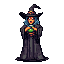 This pixel art features a surprised-looking witch with blue hair and a classic pointed hat, holding a glowing green orb in her cupped hands. Her expression and the orb create a focal point in the otherwise dark and simple image.