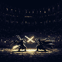 A tense pixel art duel unfolds as two swordsmen clash in a dimly lit arena, their crossed blades the primary source of light. The dynamic poses and streaks of light emphasize the intensity and power of the battle.