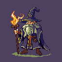 A pixel art wizard, staff aflame, stands ready with ancient wisdom and power. His stooped posture and bright yellow eyes hint at a lifetime of arcane knowledge.
