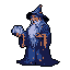 A lone pixel art wizard, rendered in cool tones against a black background, contemplates a glowing orb in his raised hand. The image evokes a sense of mystery and ancient power, reminiscent of classic video game sprites.