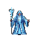 A mysterious, robed wizard stands ready, staff in hand, emanating an aura of frosty power. The figure, depicted in cool blues and whites, evokes classic fantasy RPG aesthetics with their hidden face and crystalline staff.