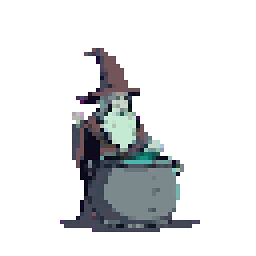 A pixel art wizard in a brown robe, complete with a tall hat and long white beard, diligently stirs a bubbling cauldron, creating a whimsical fantasy scene against a bright magenta background.
