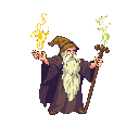 A pixel art wizard, clad in purple robes and a brown hat, casts powerful magic with yellow flames and green lightning emanating from his hands as he holds a staff. He appears to be in the middle of casting a spell.