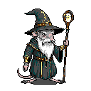 A pixelated rat wizard, complete with robe, staff, and bushy white beard, stands ready for adventure. This charming character evokes classic fantasy vibes, like a wise NPC from an old-school video game.