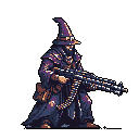 A mysterious, robed wizard grips a futuristic machine gun, blending magic and technology in a dark fantasy world. This pixel art image captures a somber figure ready for action, shrouded in shadow and armed to the teeth.