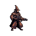 A pixelated steampunk wizard or gunslinger stands ready, firearm in hand, radiating a serious and mysterious vibe. The earthy-toned character, adorned with a pointed hat and long coat, is poised for action.