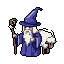 A pixel art wizard, robed in cool blues and purples, gazes forward while holding a glowing staff and carrying a sack. The classic design and muted tones evoke a nostalgic fantasy feel.