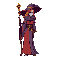 A pixel art witch with fiery hair and a tall staff stands calmly, adorned in red and purple robes, exuding a mysterious, magical aura.