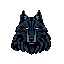 This pixel art features a stoic wolf's head rendered in cool blue-gray tones against a black background. The intense white eyes convey a sense of watchful strength and wildness.