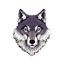 A stoic, pixelated wolf head stares intensely forward with alert eyes. The muted purple-grey portrait, highlighted with subtle shades of grey, evokes a sense of quiet intensity and wildness.