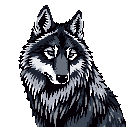 This pixel art image features a calm, monochromatic wolf, alertly facing forward with a tilted head, rendered in a charmingly retro style. The stark black background emphasizes the creature's simple, naturalistic design.