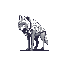 A watchful pixel art wolf stands alert with piercing yellow eyes, its grayscale fur detailed against a stark black background. The monochromatic palette and subtle shading create a powerful and intense portrait of this wild animal.