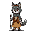 A serene, wolf-like humanoid stands holding a staff, their traveler's garb hinting at a long journey. The muted palette and neutral expression evoke a sense of peaceful melancholy.
