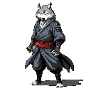 A cool and composed anthropomorphic wolf stands poised in pixel art, its gray fur and dark robes accented by a striking red belt and glowing red eyes. A weapon's hilt hints at the character's potential danger, set against a stark, shadowy void.