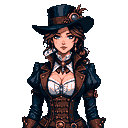 A confident steampunk woman with intricate attire and brass accents stares directly forward, her elegant design popping against the stark black background. This pixel art portrait captures an adventurous and capable figure with a touch of mystery.