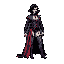 A poised, gothic vampire or noblewoman dominates this pixel art portrait with her striking red accents and elaborate dark attire. Her sharp features and confident stance exude power and mystery, drawing the eye to her enigmatic presence.