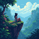 A pixel art image captures a woman in teal apparel, perched on a cliff, gazing serenely over a vast, misty valley. Her contemplative pose evokes a sense of peace and connection with the breathtaking landscape.