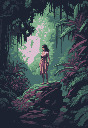 A lone woman in a flowing dress stands serenely in a dense, shadowy jungle, her gaze fixed on something unseen. The pixel art highlights the contrast between the darkness and a soft, ethereal light filtering through the foliage.