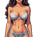 A confident, pixelated woman with wavy brown hair and a tan complexion is depicted from the waist up, sporting a light-colored bikini set. The figure's stylized design and subtle expression evoke a modern, casual aesthetic.