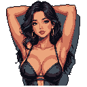This pixel art portrait showcases a confident woman with dark hair and golden hoops, hands clasped behind her head in a subtly alluring pose. Her warm skin tones and direct gaze create an engaging and modern aesthetic.