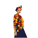 This pixel art portrait captures a Frida Kahlo-inspired woman with a neutral expression, adorned in vibrant fruits and flowers against a stark black background. The bold colors and detailed pixel work create a striking and culturally evocative image.