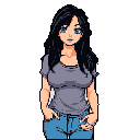 This pixel art portrait features a young woman with a casual, slightly curious expression, hands in her jean pockets. The simple design and muted color palette create a grounded and inviting feel.