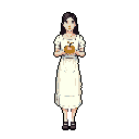 A slender woman in an off-white dress stands peacefully, presenting a round, orange pumpkin against a black background. The muted palette and simple composition evoke a sense of understated elegance.