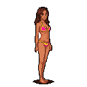 A pixelated woman in a pink and yellow bikini strikes a casual pose, her retro design reminiscent of classic video game sprites. She faces the viewer with a neutral expression, bringing a touch of nostalgia.
