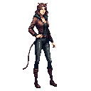 This pixel art features a stylish and confident woman with cat-like features, including ears and a tail, sporting a cool jacket and relaxed pose. Her earthy color palette and slight smile hint at a mysterious personality.
