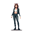 This pixel art features a stylish cat-eared woman in a black leather jacket and pants, rendered in a cool, muted palette. Her contemplative expression and edgy design evoke a retro video game character.