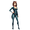This pixel art image showcases a confident woman in a dark catsuit, striking a sassy pose. Her design is simple yet detailed and has a slightly suggestive vibe.