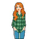 This pixel art portrait features a young woman with fiery red-orange hair, casually dressed in a plaid flannel and jeans. Her pensive expression and simple style evoke a retro, introspective mood.