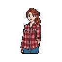 This pixel art portrait features a casually dressed young woman with a subtle smile, rendered in a muted, retro-inspired style. The focus is entirely on her, highlighting her relaxed pose and approachable demeanor.