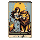 This pixel art tarot card depicts "Strength," showcasing a woman gently taming a lion under a radiant sun. The serene scene embodies inner power and calm mastery with its harmonious earth tones and soft blues.