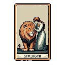 This pixel art depicts the "Strength" tarot card, featuring a woman calmly taming a lion through gentle touch, embodying inner power. The earthy tones and visible pixelation evoke a vintage aesthetic, emphasizing the card's timeless message.