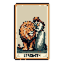 This pixel art card features a dignified orange lion standing protectively beside a formally dressed human figure. The image evokes a vintage portrait, hinting at an unusual friendship or alliance between the pair.