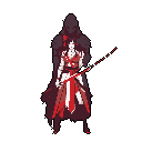 A pixel art warrior stands poised with sword in hand, a looming, shadowy figure behind them suggesting protection or menace. The stark red, white, and black color palette against a void background creates a tense and mysterious atmosphere.