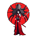 A pixel art warrior with dark hair stands ready, weapon in hand, before a striking red backdrop featuring a menacing, tentacled head. The high-contrast color scheme and dark imagery create a mysterious and ominous atmosphere.
