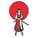 A pixel art samurai stands ready, arms crossed and katanas drawn, against a striking red circle. The intense color palette and confident pose evoke a sense of power and determination.