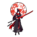 A pixelated warrior, wielding a fiery red weapon, stands poised against a backdrop featuring a striking red disc with a white dragon silhouette. The high-contrast design and limited color palette create an intense and dramatic scene.