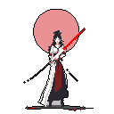 A pixel art samurai warrior stands ready with a glowing red blade, her intense gaze hinting at imminent action. Clad in traditional garb against a stark backdrop, she exudes quiet power and a touch of sci-fi flair.
