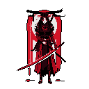 A lone, katana-wielding warrior stands poised against a stark backdrop of a pale grey circle flanked by intense red bands. The pixel art figure exudes seriousness and readiness, hinting at a dramatic or gothic narrative.