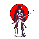 A pixelated female samurai stands ready, dual katanas in hand, against a striking red sun on a stark black background. The high-contrast art evokes stoicism and strength with minimalist, impactful design.