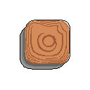 This pixel art image showcases a stylized wooden block, complete with detailed wood grain and subtle shading. The isometric perspective and warm color palette give this simple object a charming, rustic feel against a stark black background.