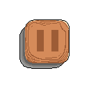 This pixel art image features a stylized brown pause button icon with subtle shading and a grey drop shadow. The design evokes a sense of digital interface functionality with a muted, earthy color palette.