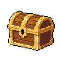 This pixel art showcases a detailed, locked treasure chest rendered in warm browns and vibrant gold, evoking a sense of mystery and the promise of hidden rewards. The isometric perspective and intricate details, like wood grain and golden rivets, give it a classic RPG feel.