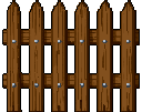 This pixel art showcases a rustic wooden picket fence segment, complete with textured planks, pointed pickets, and metallic rivets. The simple, earthy design evokes a sense of nostalgia and utility.