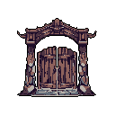 A monumental, pixelated wooden gate stands alone against a black void, its slightly parted doors hinting at the mysteries beyond. Intricate carvings and a muted palette evoke an ancient and foreboding atmosphere, inviting viewers to imagine what secrets lie hidden within.