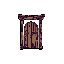 A weathered, imposing wooden gate dominates the scene, hinting at a forgotten entrance to an ancient or hidden place. The pixel art emphasizes its age and decay with desaturated browns and subtle highlights, evoking mystery and foreboding.