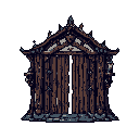 A pixel art image shows a tall, aged wooden gate with a pointed archway, its rough texture and spiky details hinting at a mysterious and perhaps foreboding entrance. The weathered structure, rendered in earthy tones, evokes a sense of antiquity and solemnity.